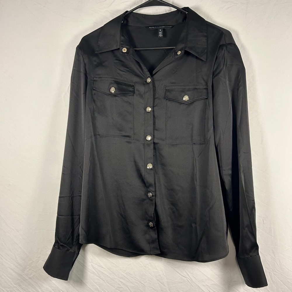 White House Black‎ Market Blouse Womens M Black Satin Crest Button Shoulder